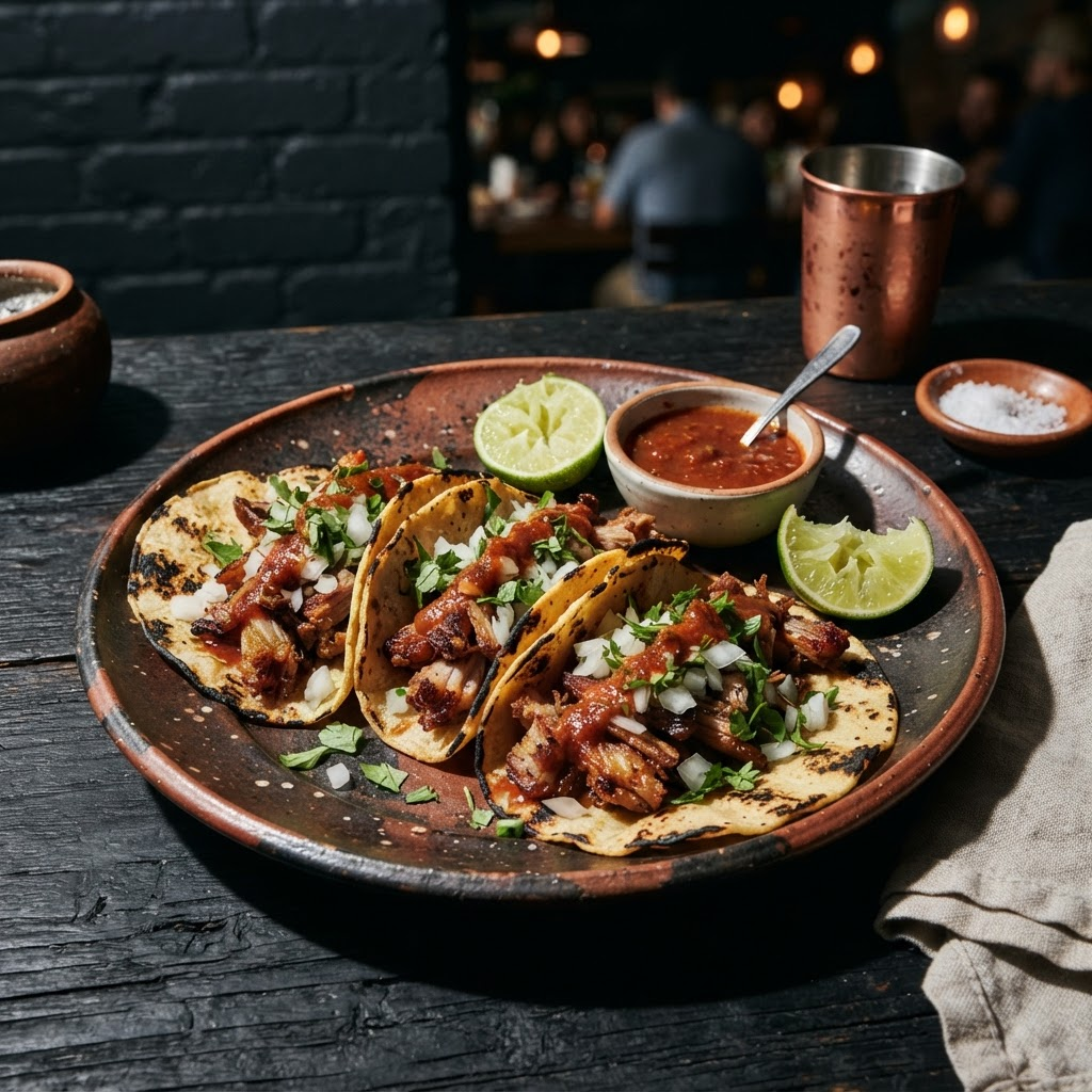 Three colorful tacos with lime and salsa